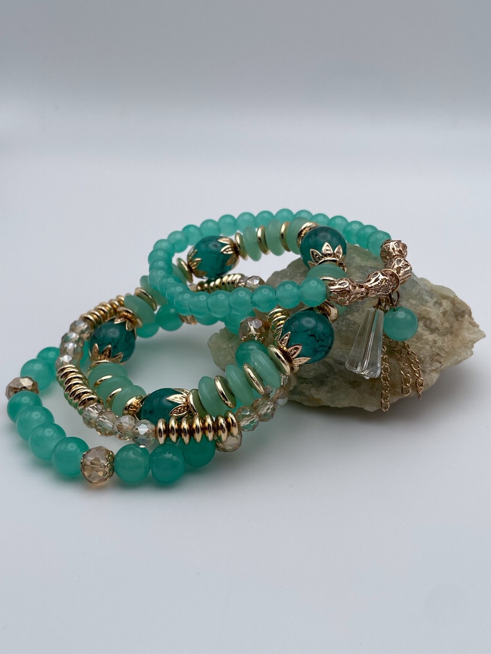 4 Piece Tassel Charm Beaded Stretch Bracelet Aqua